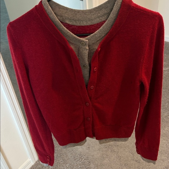 NAADAM Red and Gray Wool Blend Sweater, Red Cashmino Layered Cardigan - Picture 6 of 8